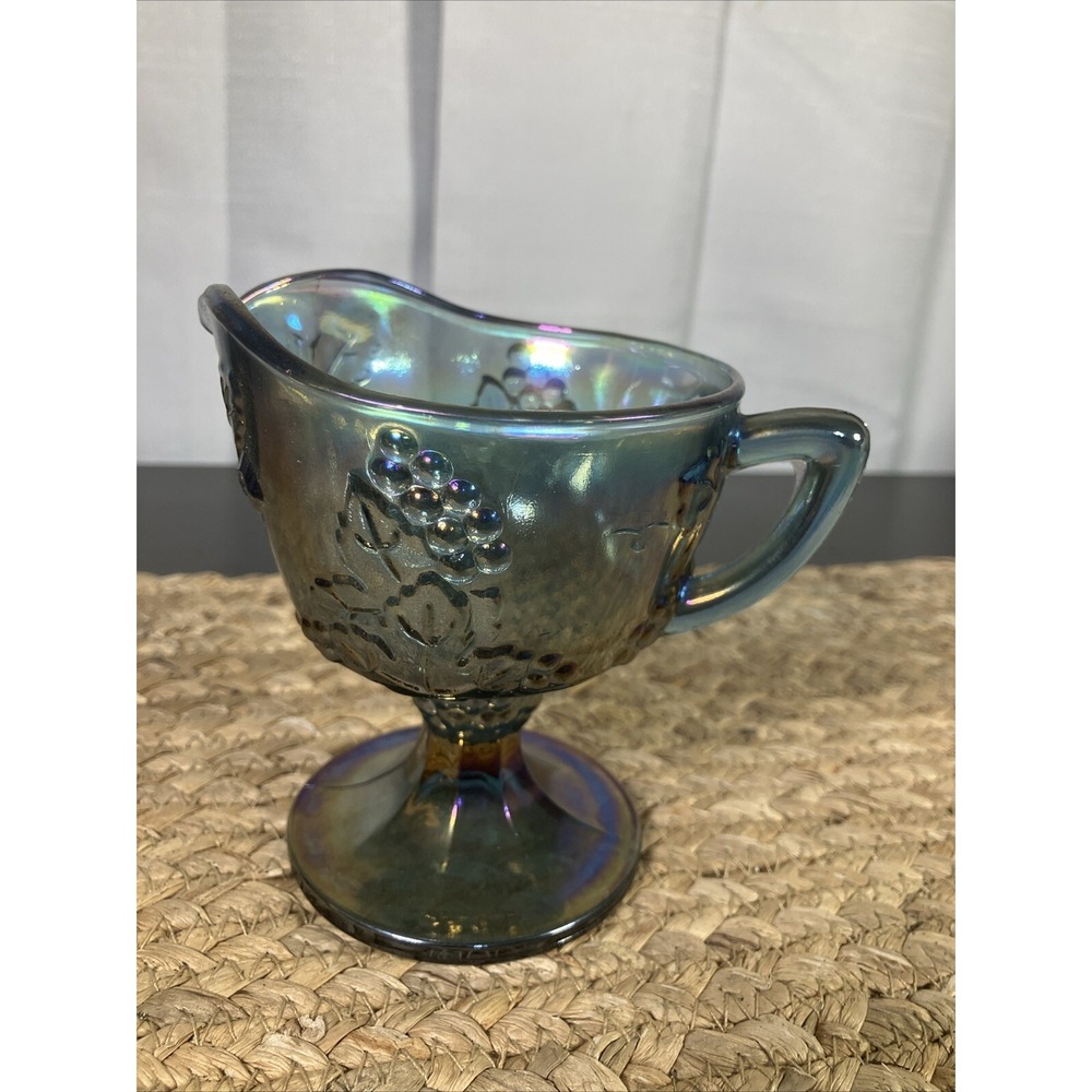 Carnival Glass Cup Vintage Rare Iridescent Blue Glassware Footed Sugar Cream Tea